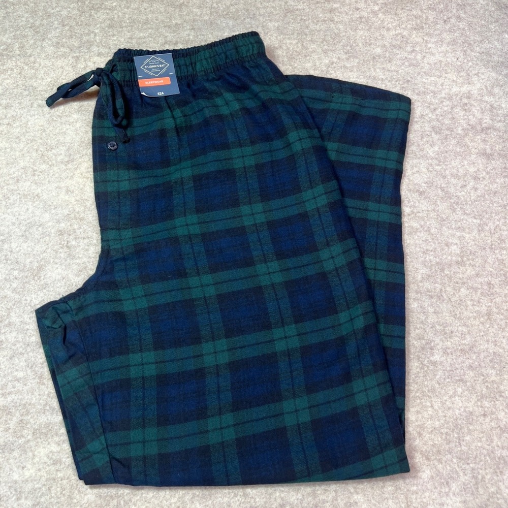 NEW XL St John's Bay Plaid Cotton Flannel Pajama Lounge Sleep Pants Blue Green